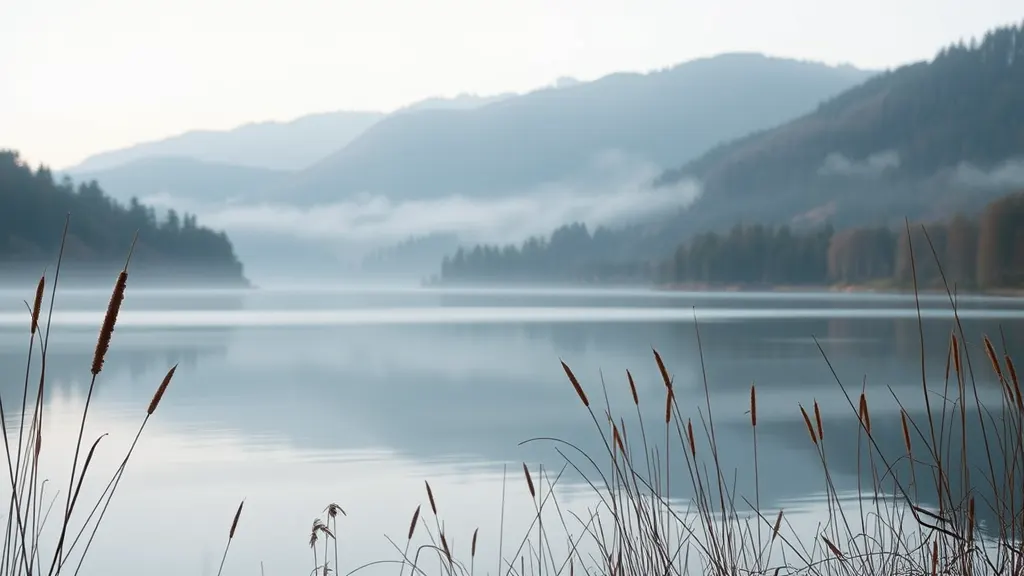Der Tannsee am frühen Morgen mit Nebel über dem Wasser